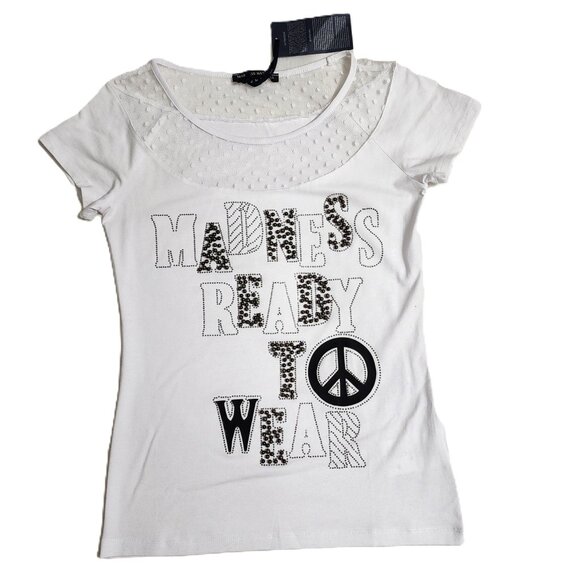 Madness National Womens White with Black & Gold Bead Lettering Detail Top Size M - Picture 1 of 6